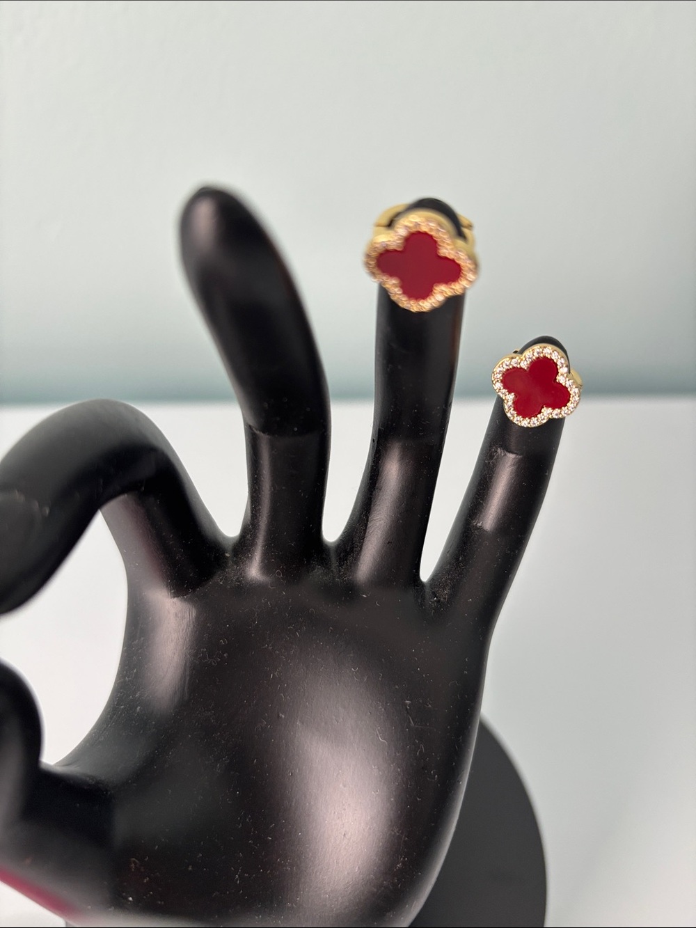 Adina Eden Gold plated Clover 
Earrings with Red Centers